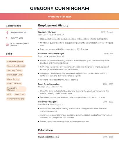 Warranty Manager Resume