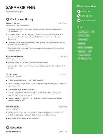 Warranty Manager Resume