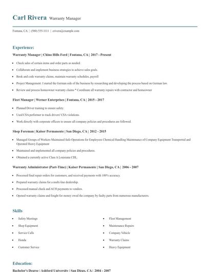 Warranty Manager Resume