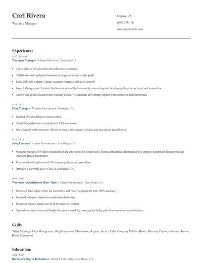 Warranty Manager Resume