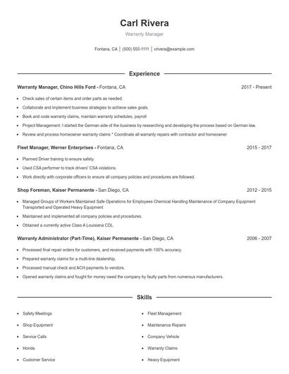 Warranty Manager Resume