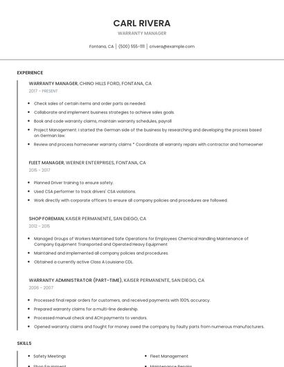 Warranty Manager Resume