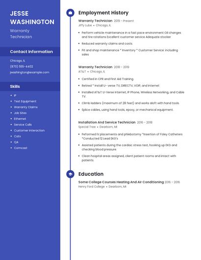 Warranty Technician Resume
