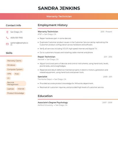Warranty Technician Resume