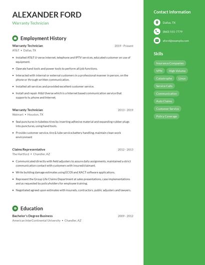 Warranty Technician Resume