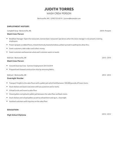 Wash Crew Person Resume