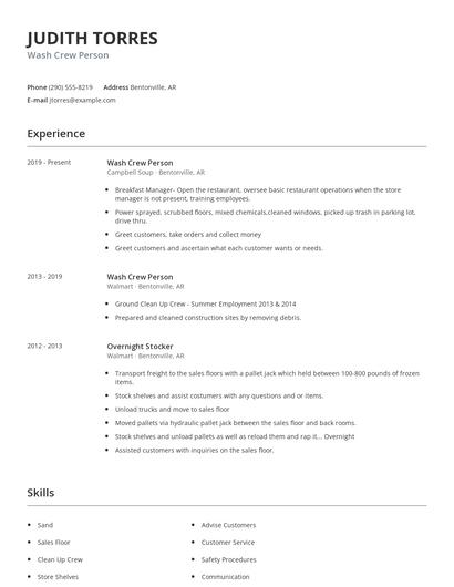 Wash Crew Person Resume