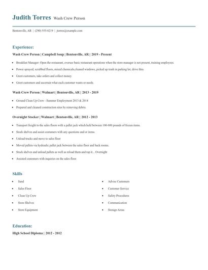 Wash Crew Person Resume