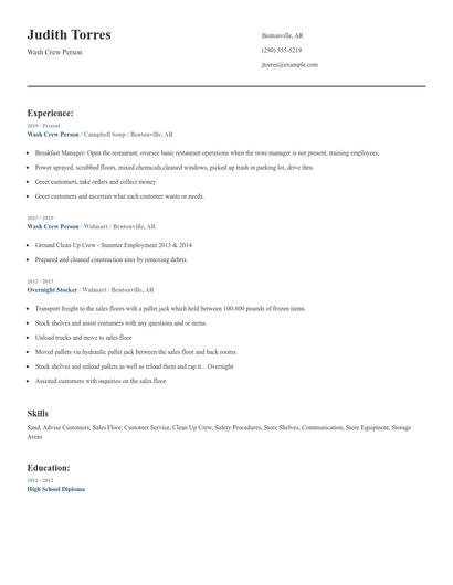 Wash Crew Person Resume
