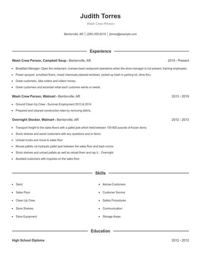Wash Crew Person Resume