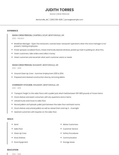 Wash Crew Person Resume