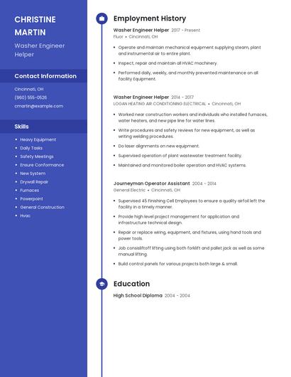 Washer Engineer Helper Resume