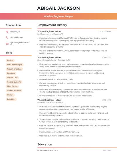 Washer Engineer Helper Resume
