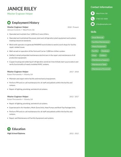 Washer Engineer Helper Resume