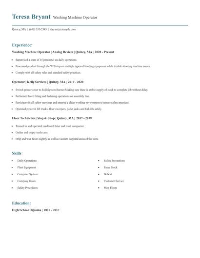 Washing Machine Operator Resume