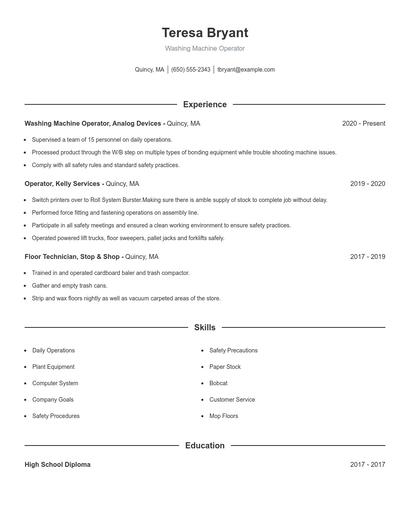Washing Machine Operator Resume