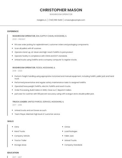 Washroom Operator Resume