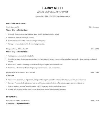 Waste Disposal Attendant Resume