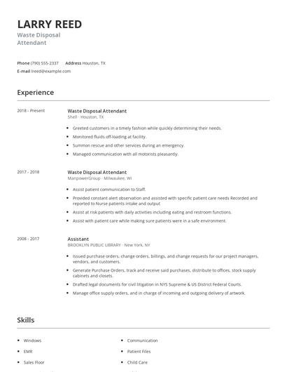 Waste Disposal Attendant Resume