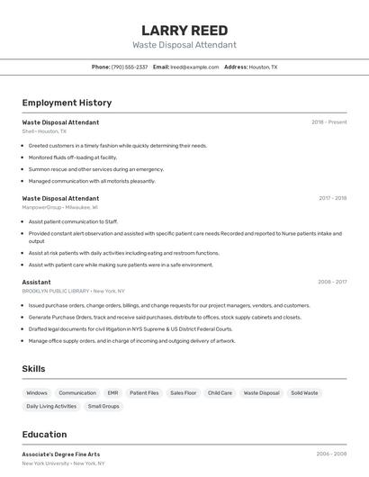 Waste Disposal Attendant Resume