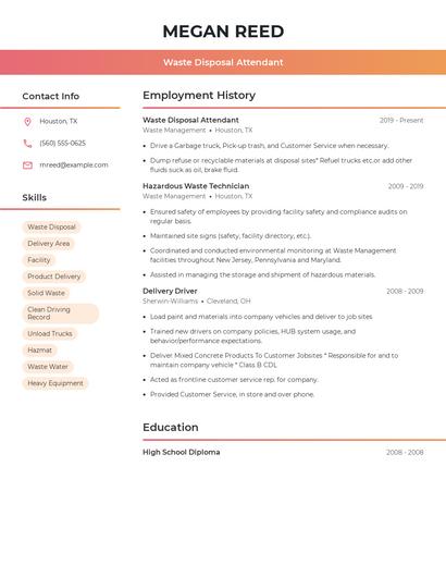 Waste Disposal Attendant Resume