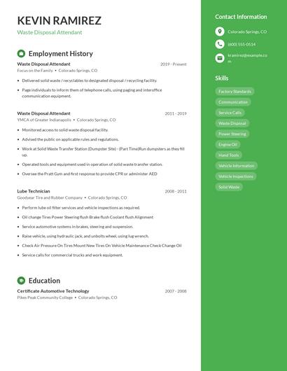 Waste Disposal Attendant Resume