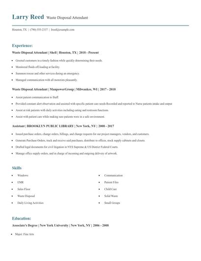 Waste Disposal Attendant Resume