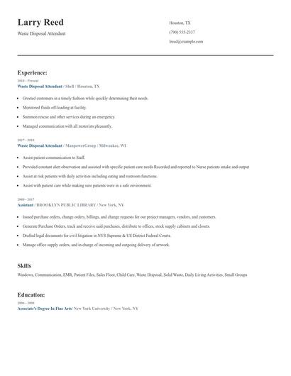 Waste Disposal Attendant Resume