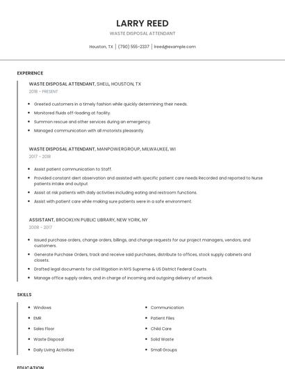 Waste Disposal Attendant Resume