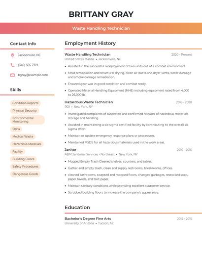 Waste Handling Technician Resume