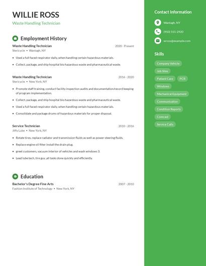 Waste Handling Technician Resume