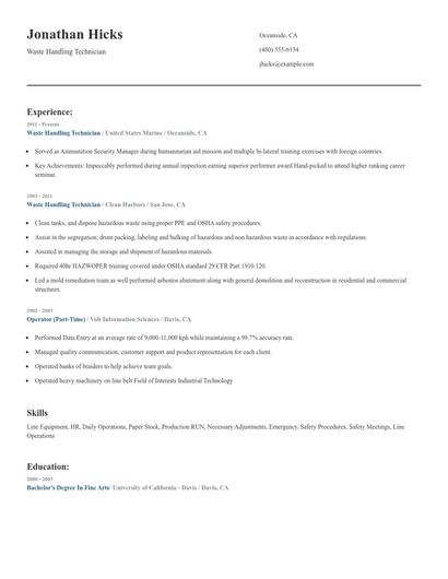 Waste Handling Technician Resume