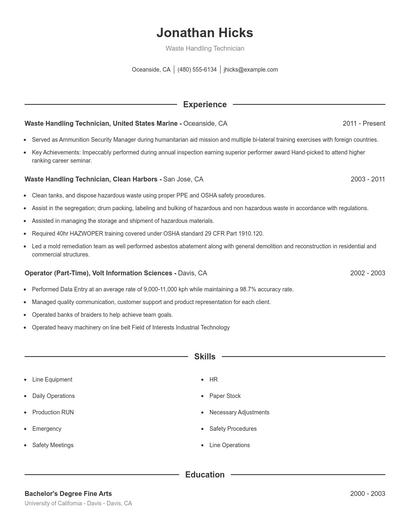 Waste Handling Technician Resume