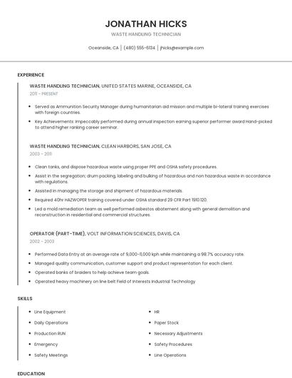 Waste Handling Technician Resume