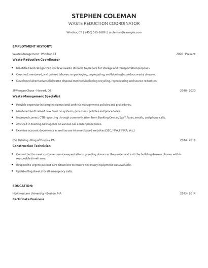 Waste Reduction Coordinator Resume