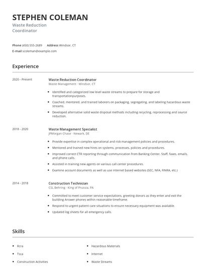 Waste Reduction Coordinator Resume