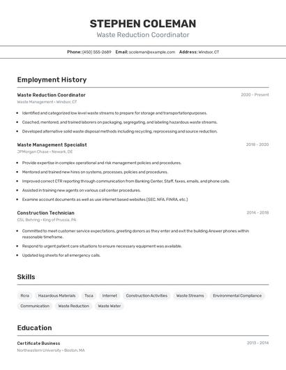 Waste Reduction Coordinator Resume
