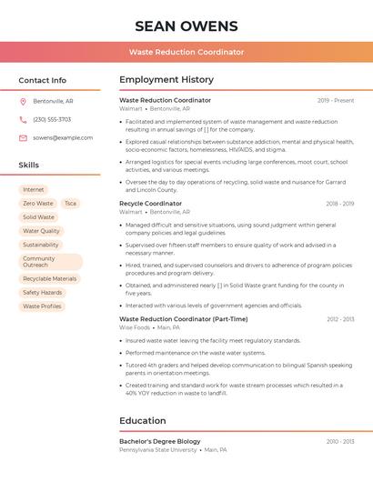 Waste Reduction Coordinator Resume