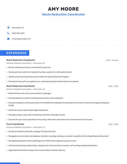 Waste Reduction Coordinator Resume