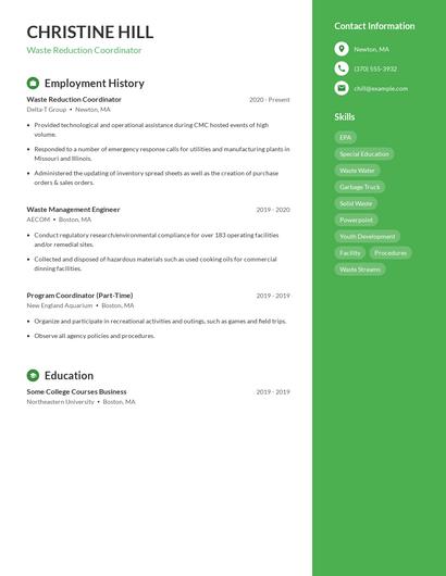 Waste Reduction Coordinator Resume