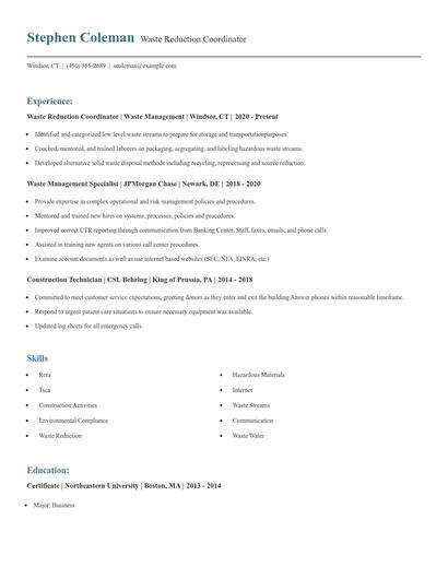 Waste Reduction Coordinator Resume