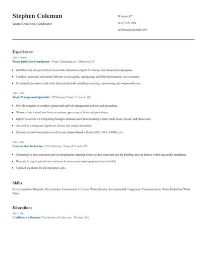 Waste Reduction Coordinator Resume