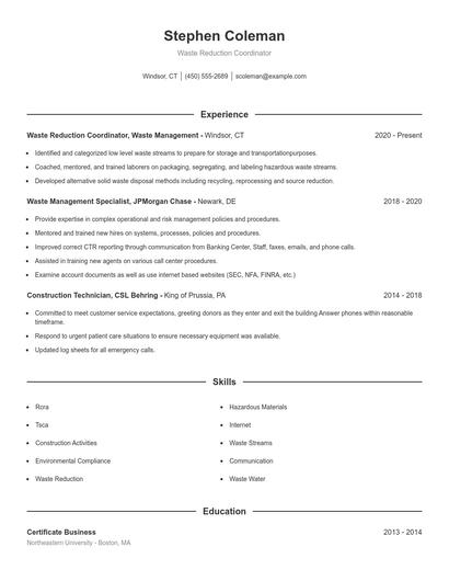 Waste Reduction Coordinator Resume