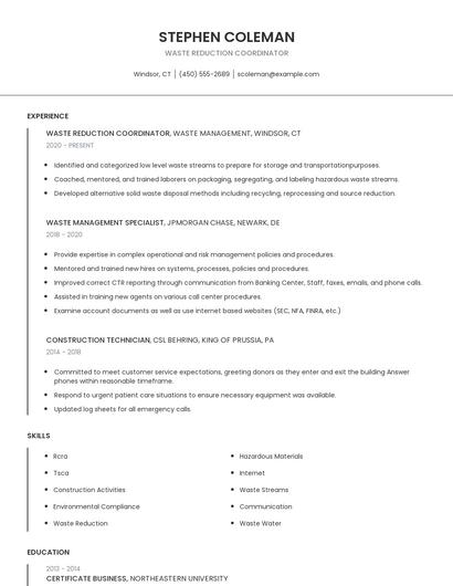 Waste Reduction Coordinator Resume