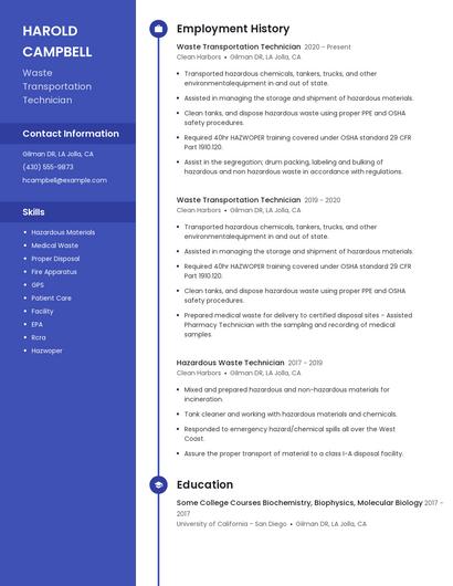 Waste Transportation Technician Resume