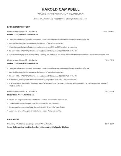 Waste Transportation Technician Resume