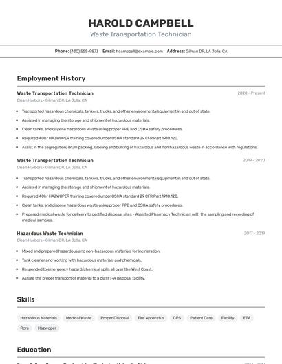 Waste Transportation Technician Resume