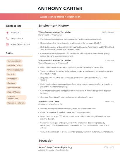 Waste Transportation Technician Resume
