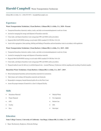 Waste Transportation Technician Resume