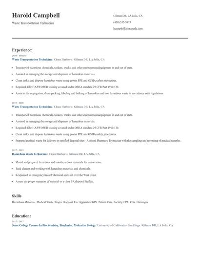 Waste Transportation Technician Resume